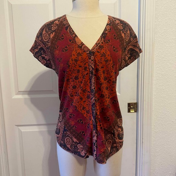 NWT Lucky Brand Short Sleeve Button Down Paisley Floral Red Rust and Tan Top - Picture 1 of 5